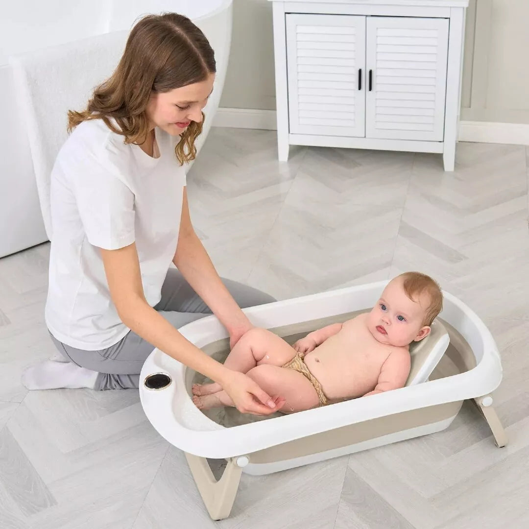 Sulankstoma kūdikio vonelė su termometru ir silikoniniu gultuku BATH&CARE Dark Grey